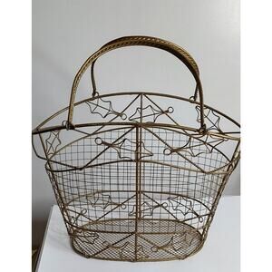 Vintage Metal Wire Basket Fall Leaves Mesh Bottom Christmas Décor 8x5"